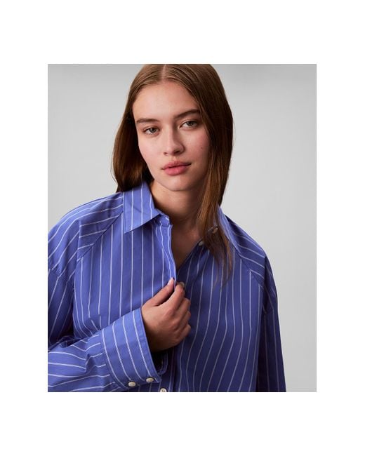 Calvin Klein Blue Stripe Boxy Cotton Crop Shirt