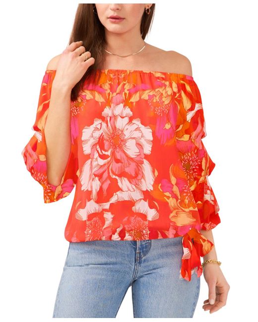 Vince Camuto Red Floral Print Off The Shoulder Bubble Sleeve Tie Front Blouse