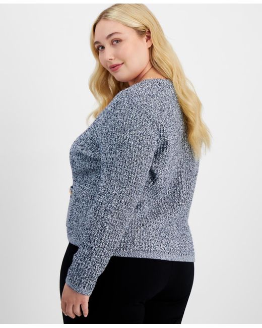 On 34th Blue Trendy Plus Size Cotton Button-front Cardigan