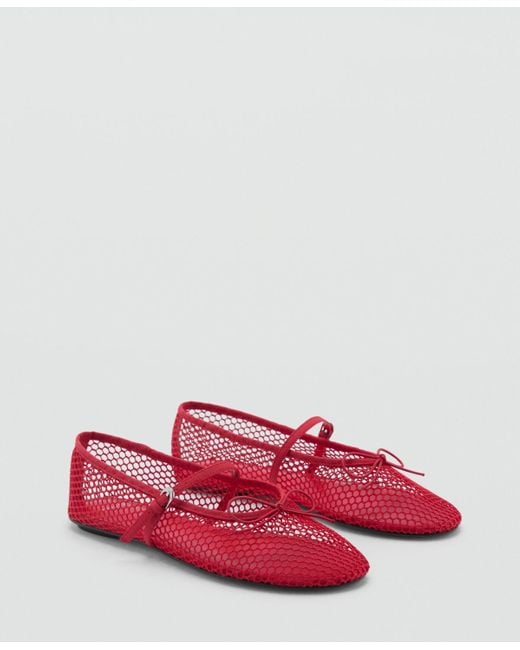 Mango Red Strap And Buckle Detail Mesh Ballet Flats