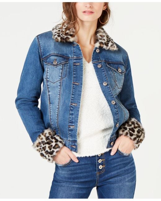 INC International Concepts Blue I.n.c. Leopard-print Faux-fur Trim Denim Jacket, Created For Macy's