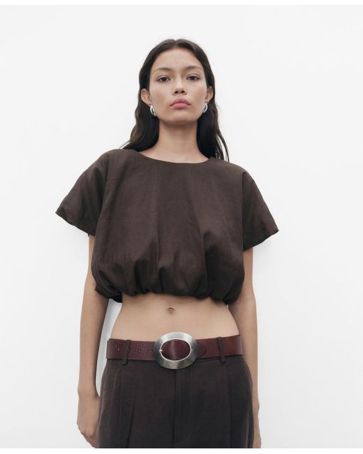 Mango Black Ramie Cropped Balloon Blouse