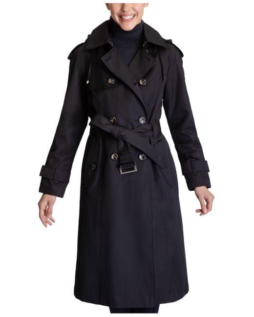 London Fog Double-breasted Hooded Trench Coat in Black | Lyst