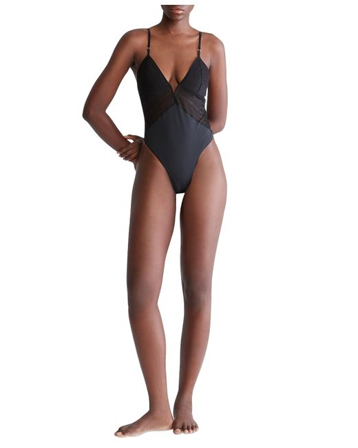 Calvin Klein Black Sculpt Lace Thong Bodysuit Qf7551