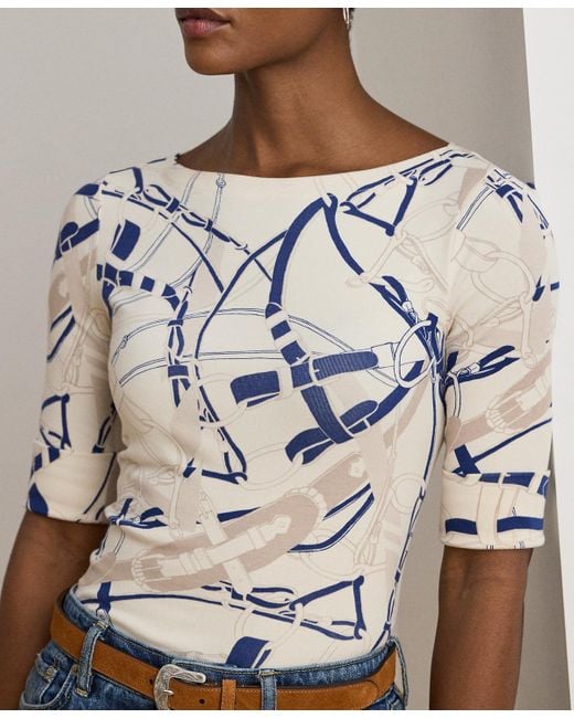 Ralph Lauren Blue Petite Belting-print Cotton Boatneck Tee