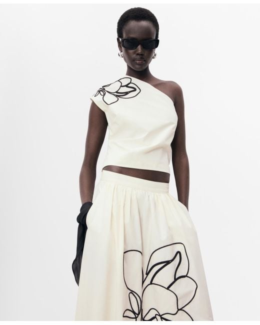 Mango White Asymmetrical Embroidered Floral Top