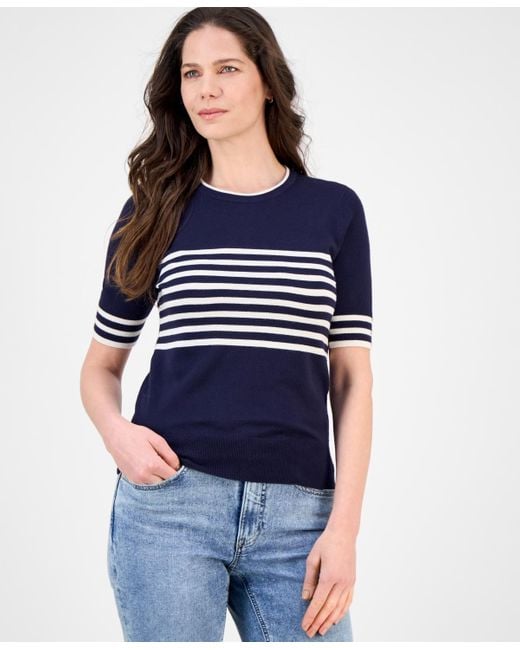 Nautica Blue Striped Button-trim Short-sleeve Sweater