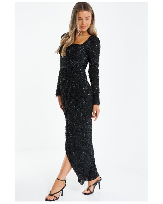 Quiz Long Sleeve Sequin Wrap Evening Dress in Black Lyst