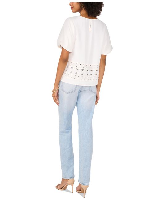 Vince Camuto White Crewneck Puff-sleeve Embroidered Top
