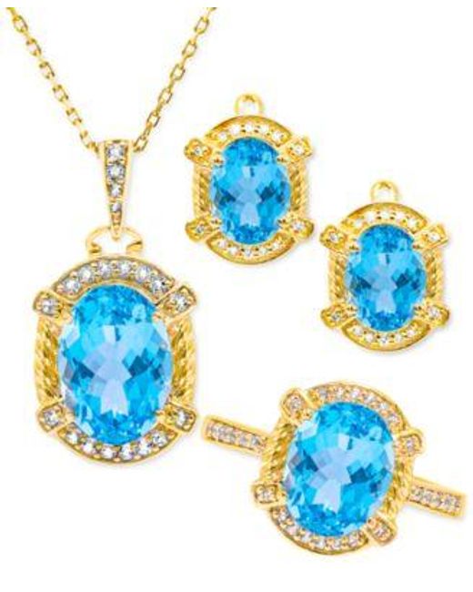 Macy's Blue 3 Pc. Set 9 1 2 Ct. T.w. Diamond 3 8 Ct. T.w. Pendant Necklace Earrings Ring In 18k Yellow Gold Plated Sterling Silver