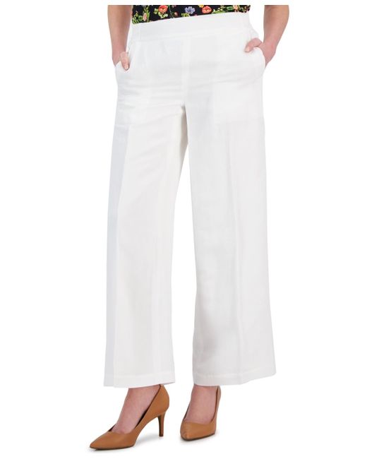 Tahari White Linen-blend Pull-on Wide-leg Pants