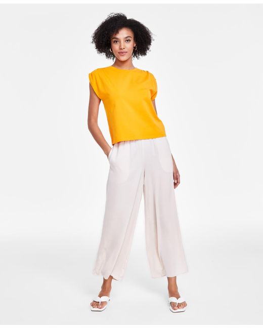 BarIII White Petite Ruched-shoulder Cap-sleeve Knit Top
