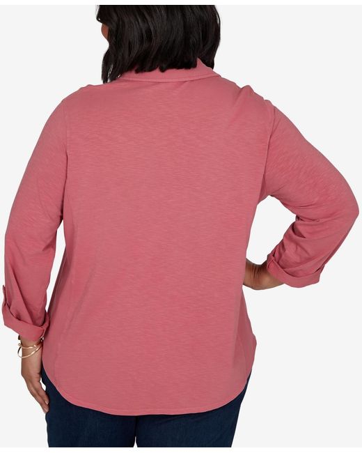 Ruby Rd Pink Plus Size Rib Trim Button Front Knit Top