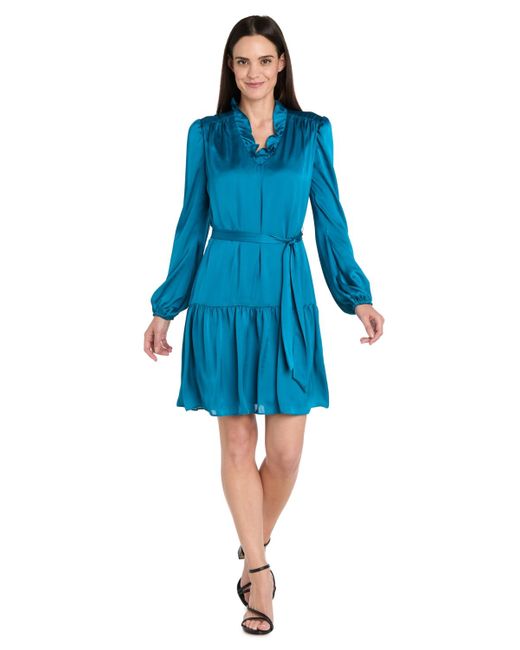 R & M Richards Blue Petite Collared V-neck Long-sleeve Dress