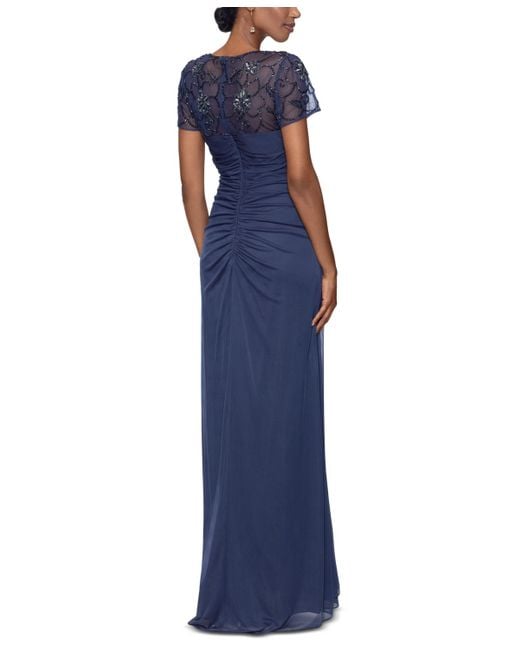 Xscape Blue Sequined Mesh-sleeve Gown