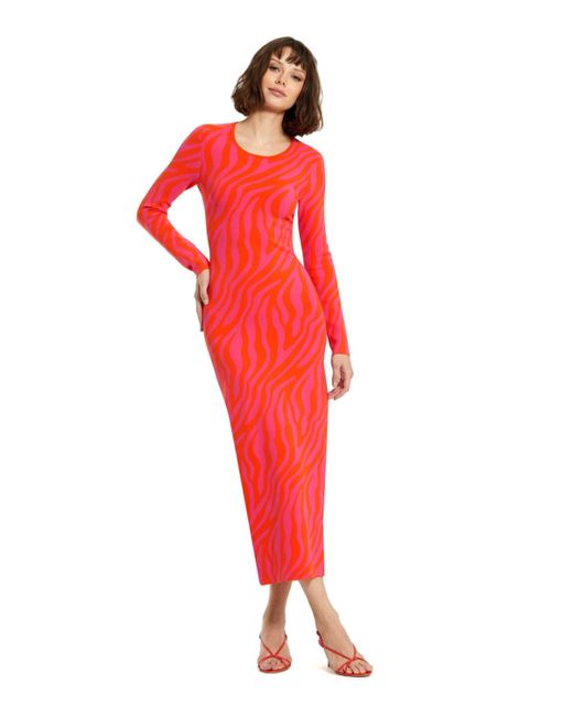Mac Duggal Red Fitted Long Sleeve Zebra Print Knit Maxi Dress