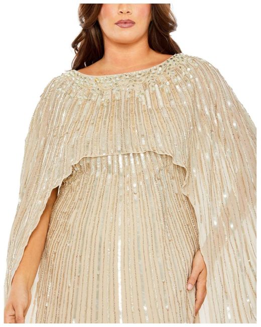 Mac Duggal Natural Plus Size Embellished Column Cape Gown
