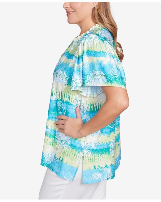Ruby Rd Blue Plus Size Batik Embroidered Tie Dye Puff Print Top