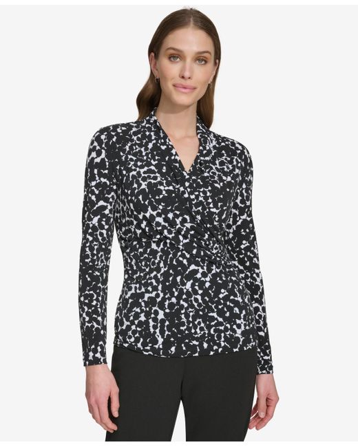 DKNY Black Prints Side-ruched Long-sleeve Top