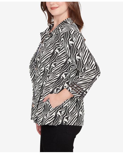 Ruby Rd Black Petite Zebra Collared Knit Swing Jacket