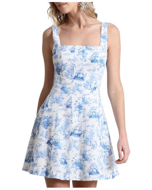 Avec Les Filles Blue Toile-print Linen-blend Fit & Flare Dress