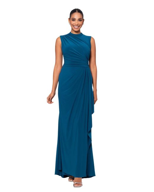 Betsy & Adam Blue Ruched Draped Gown