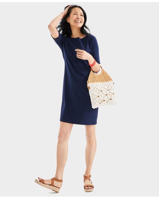 Style & Co. Blue Cotton Boat-neck Elbow-sleeve Dress