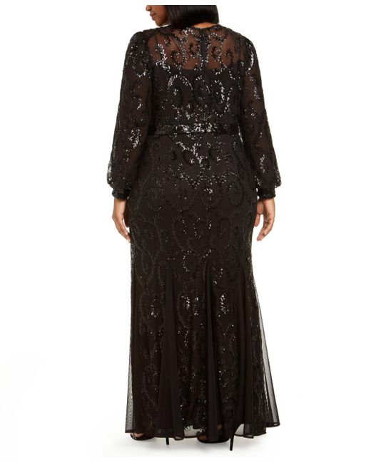 R & M Richards Black Plus Size Surplice Sequined Gown