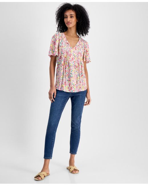 Tommy Hilfiger White Pintucked Floral-print Top