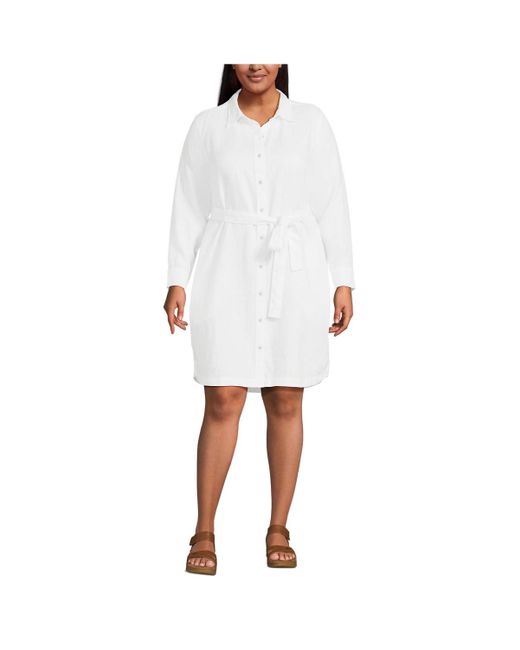 Lands' End White Plus Size Long Sleeve Linen Shirt Dress