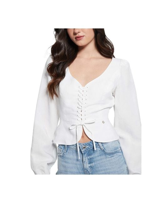 Guess White Federica Long-sleeve Lace-up Top