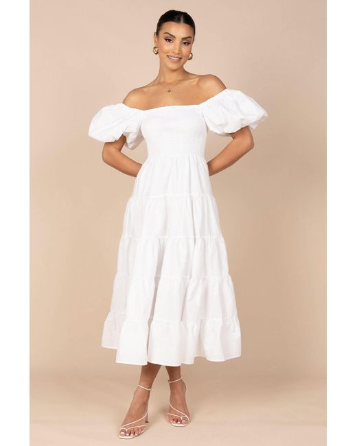 Petal & Pup Natural Annette Puff Sleeve Shirred Midi Dress