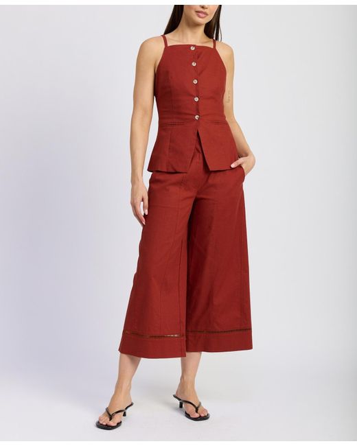 En Saison Red Megumi Cotton Linen Sleeveless Button-front Top