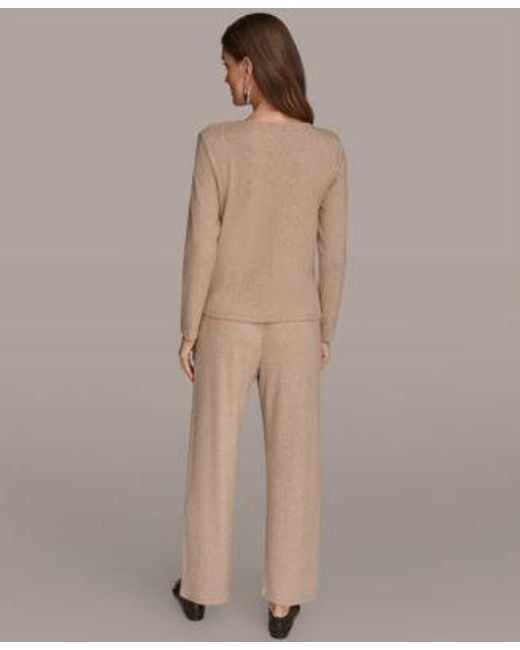 Donna Karan Brown Lurex Rib Cowl Neck Long Sleeve Top Wide Leg Pull On Pants