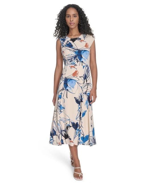 Calvin Klein Blue Printed Sleeveless A-line Dress