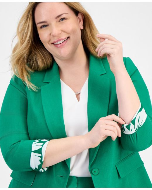 Tahari Green Plus Size Printed-cuff 3/4-sleeve Linen-blend Blazer