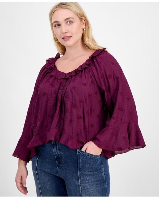 And Now This Purple Plus Size Bell-sleeve High-low Blouse