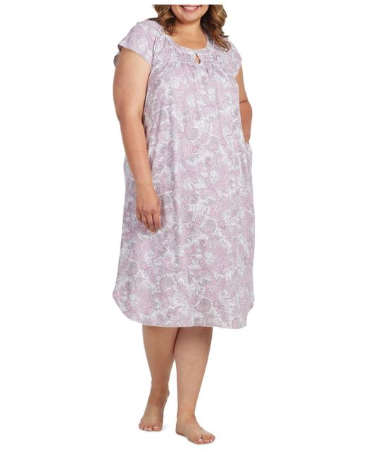 Miss Elaine Plus Size Short Sleeve Long Knit Printed Gown in Purple | Lyst