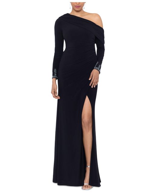 Betsy & Adam Blue Off-one-shoulder Beaded-cuff Gown