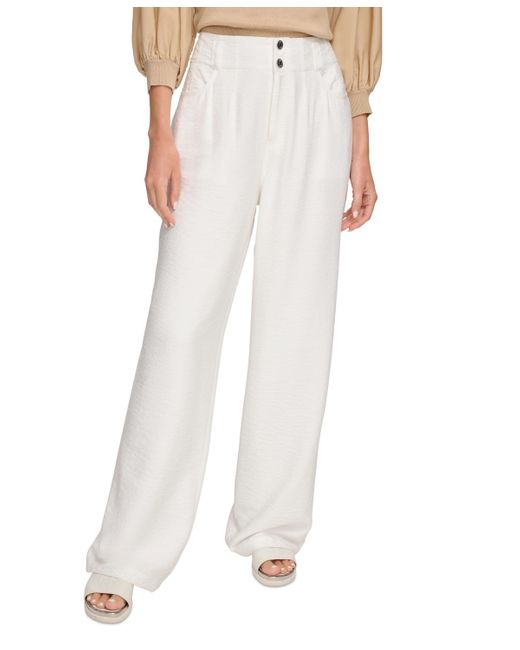 DKNY White Top-stitched Crinkle Trousers