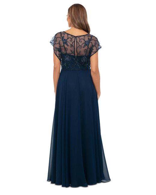 Xscape Blue Beaded-overlay Boat-neck Long Dress