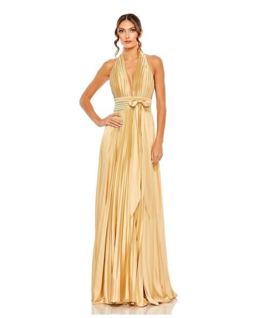 Mac Duggal Metallic Pleated Halter Neck Gown With Center Bow