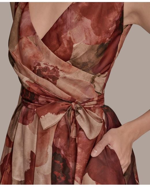 Donna Karan Brown V-neck Floral Ball Gown
