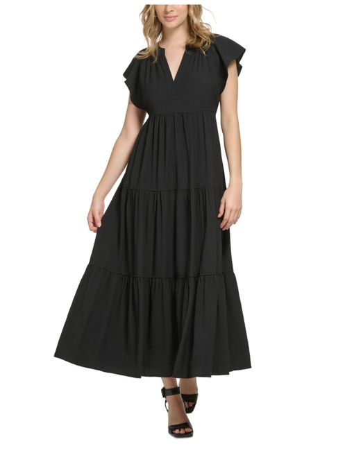 Calvin Klein Black Flutter-sleeve Tiered Maxi Dress