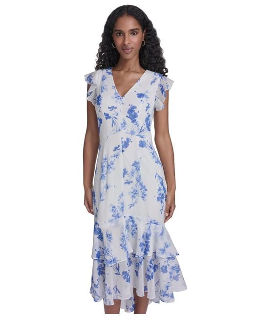 Tommy Hilfiger Flutter-sleeve V-neck Midi Dress in Blue | Lyst