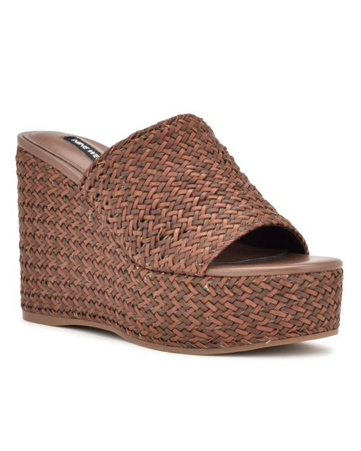 Nine West Brown Everie Round Toe Woven Wedge Sandals