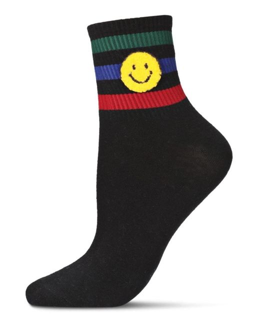 Memoi Black Smiley Terry Patch Stripe Crew Socks