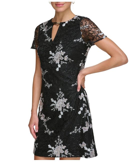Kensie Black Short-sleeve Embroidered-lace Sheath Dress