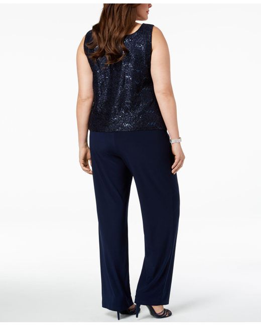R & M Richards 3-pc. Plus Size Sequined Lace Pantsuit & Shell in Navy ...