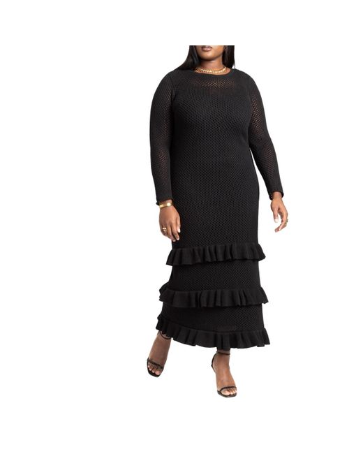 Eloquii Black Plus Size Crochet Open Stitch Maxi Dress With Ruffles